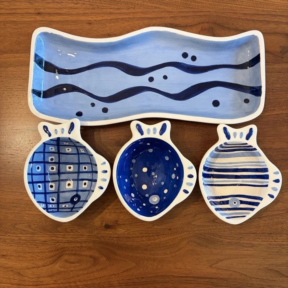 Crate & Barrel Snack Tray Condiment Bowl 4 Piece Set Blue Fish Ocean Coastal
